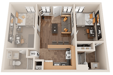Floor plan for 1 bed, 1 bath, 670 sqft